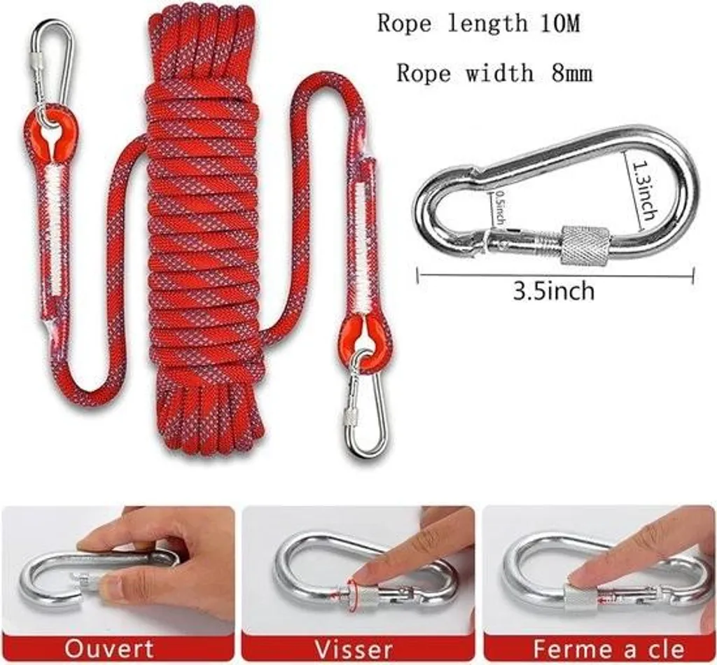 Corde haute résistance 8mm nylon tressé rouge 10m pour escalade et secours