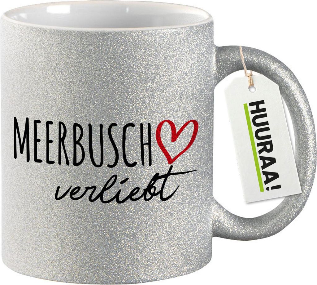 Huuraa Glitzertasse Meerbusch verliebt 330ml Silber Keramik Kaffeebecher Geschenkidee