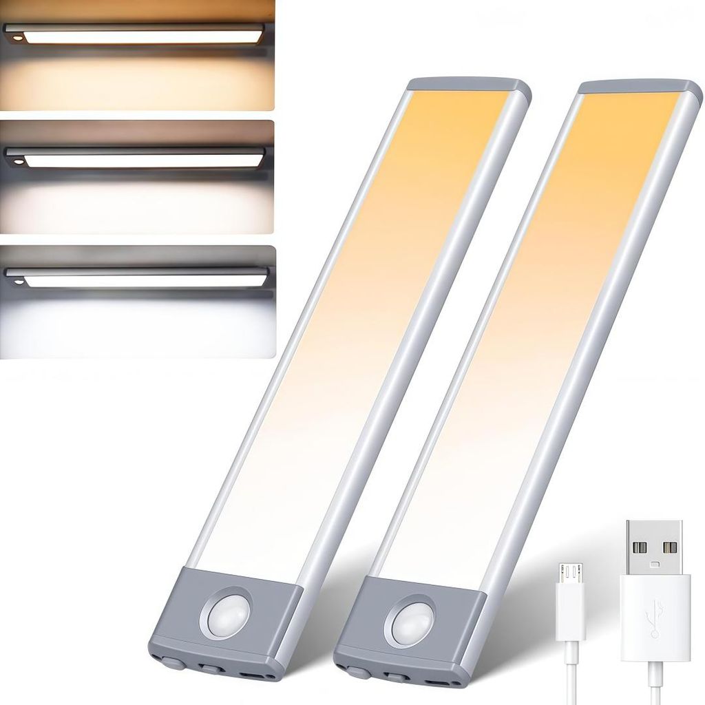 2 Stück-20cm, LED Unterbauleuchte, Schrankleuchte mit Bewegungssensor, Magnetische Lichtleiste Schranklicht mit USB Ladefunktion, Warmweiß