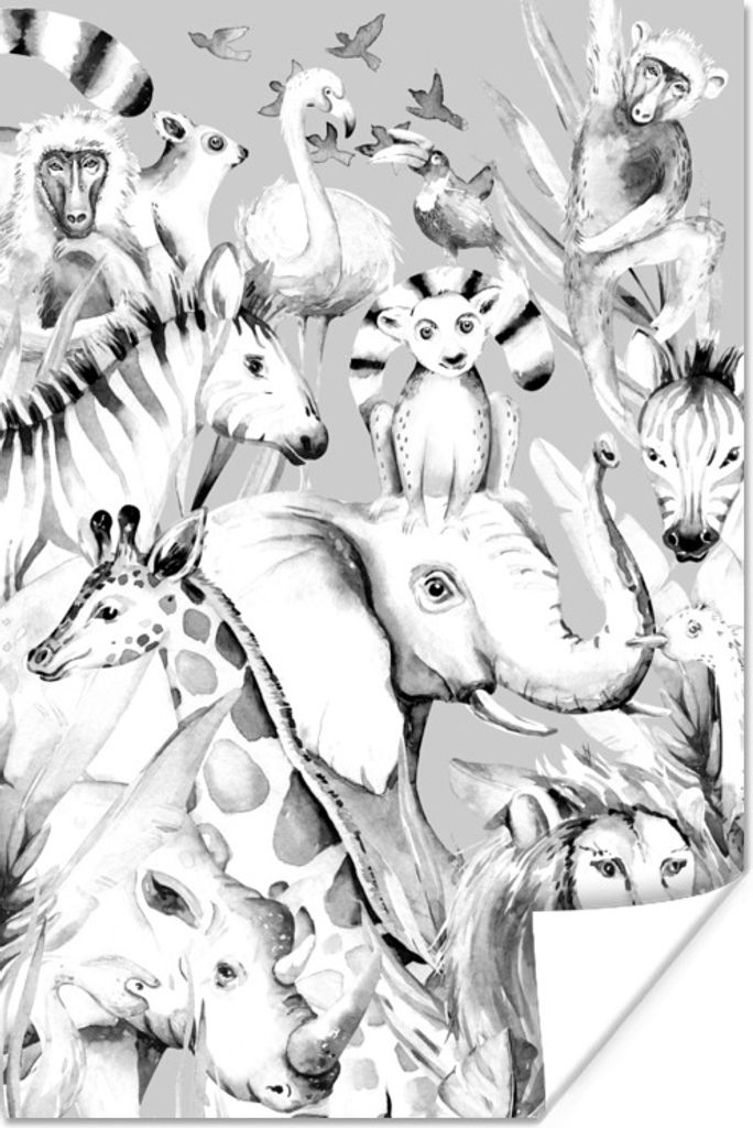 MuchoWow Poster Wasserfarben - Tiere - Flamingo - Elefant - Jungen - Blau - Kinder - Kind 120x180 cm - Kunstposter