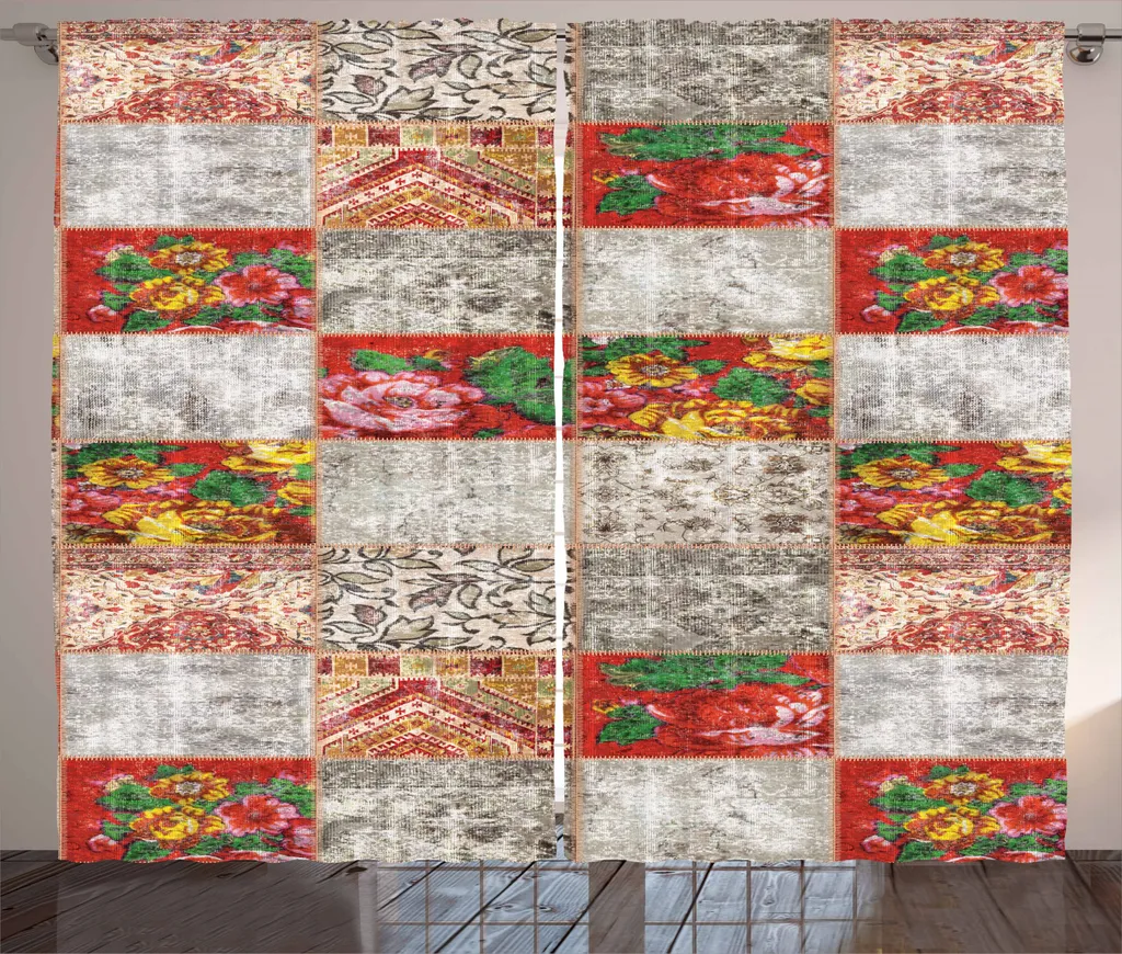 Rideau Floral Grunge Folklorique 280 x 225 cm en Tissu Taupe et Gris