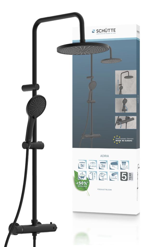 ADRIA Überkopf-Brauseset mit Thermostatarmatur, Schwarz matt