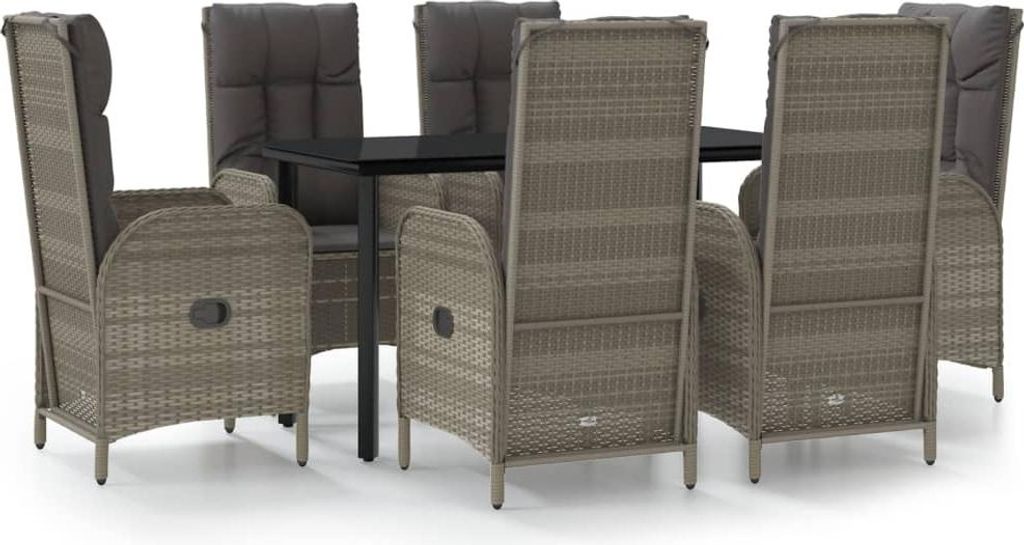 vidaXL 7-tlg. Garten-Essgruppe mit Kissen Schwarz und Grau Poly Rattan