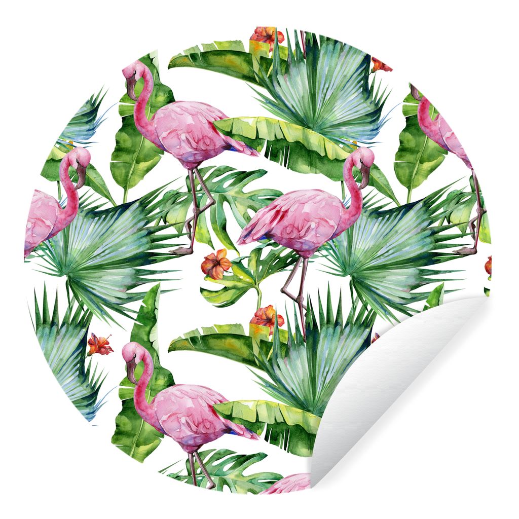 MuchoWow Runde Wandtattoo - Wandsticker Tapete Aufkleber Blätter - Flamingo - Blumen - Dschungel Ø 80 cm Selbstklebend und Repositionierbar - W...