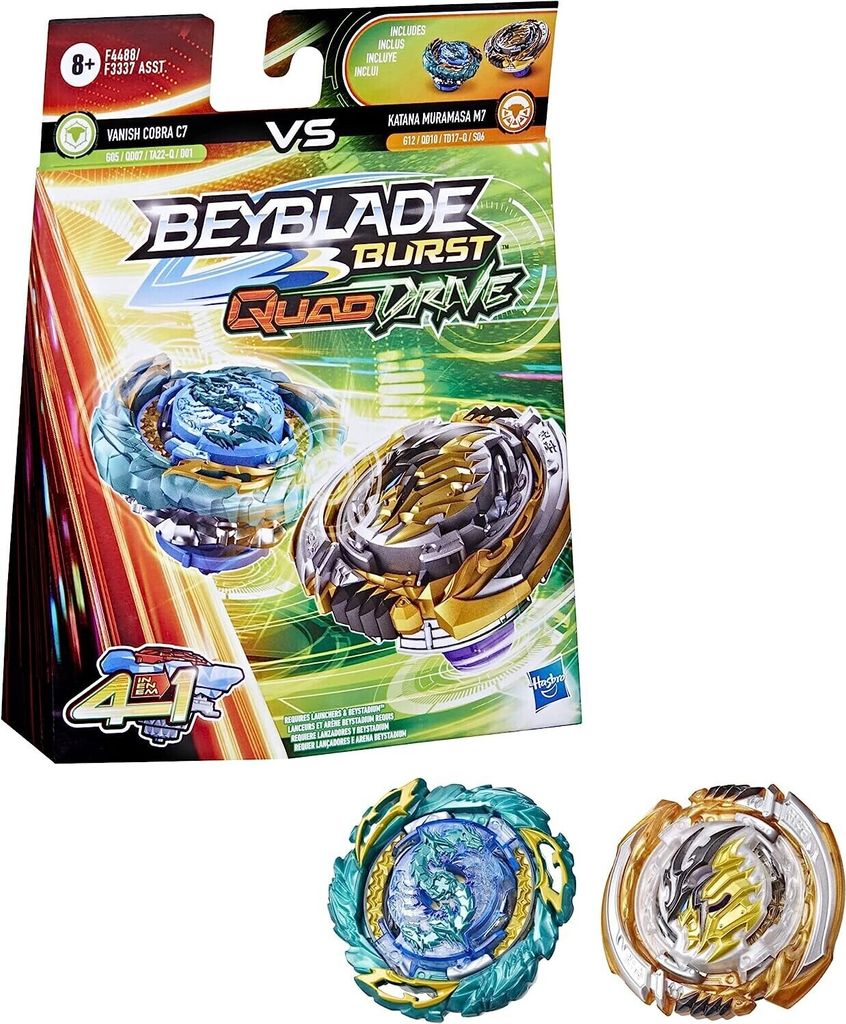 2 Burst Quad Drive Beyblade-Kreiseln - Katana Muramasa M7 VS Vanish Cobra C7