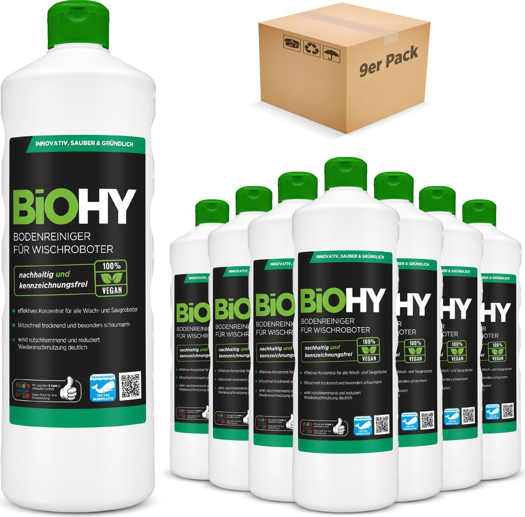 BiOHY Bodenreiniger für Wischroboter 9er Sparpack (9x1l), Glanzreiniger, Bodenwischpflege, -Konzentrat – 9er Pack (9 x 1 Liter Flasche)