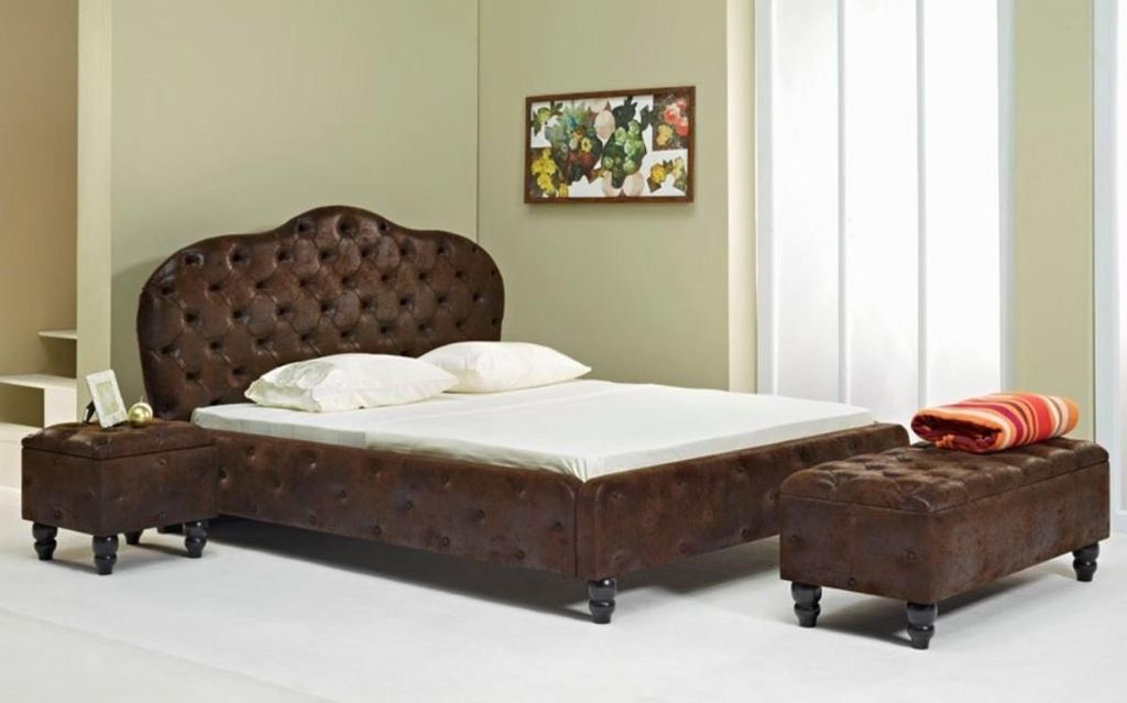 Casa Padrino Chesterfield Doppelbett Dunkelbraun / Schwarz - Verschiedene Größen - Elegantes Massivholz Bett mit Kopfteil - Chesterfield Schlafzi...