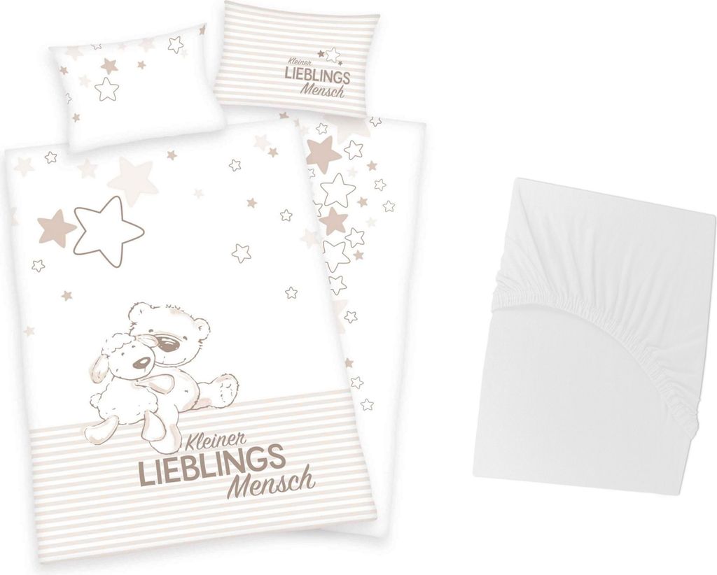 3 tlg Baby Bettwäsche Set - Lieblings Mensch Beige - Renforcé - 40x60 100x135 cm + 1 Spannbettlaken weiß 60x120 - 70x140 cm
