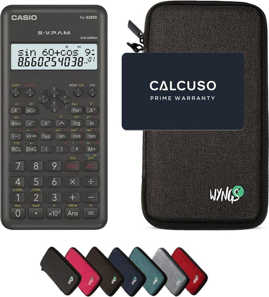 Casio fx-82MS 2nd edition inkl. WYNGS Schutztasche Dunkelgrau - Wissenschaftlicher Taschenrechner - Basic Set