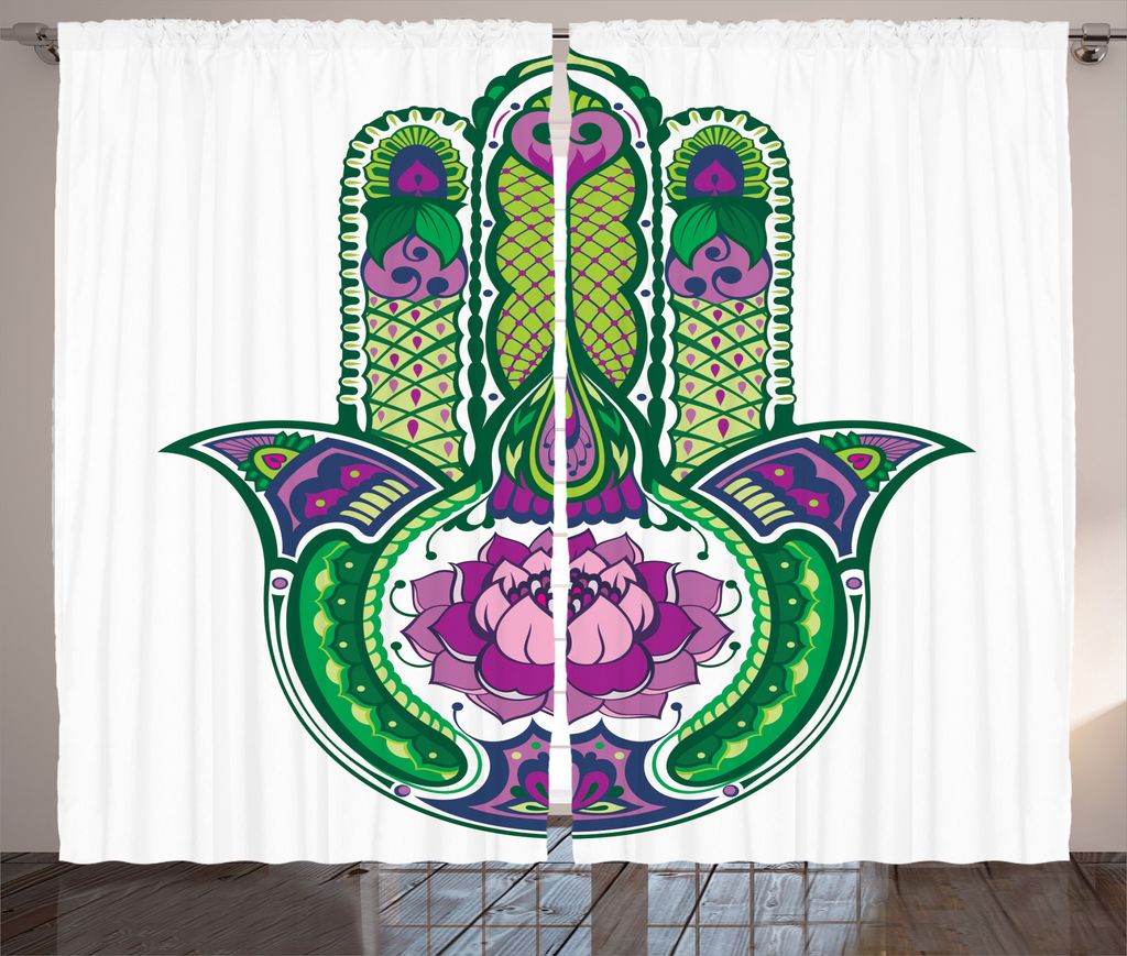 ABAKUHAUS Hamsa Rustikaler Gardine, Alte Lotusblume, Schlafzimmer Kräuselband Vorhang mit Schlaufen und Haken, 280 x 225 cm, Grünes Lila