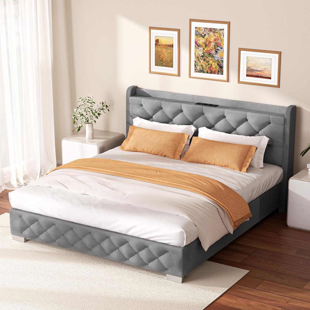 Huizkon Polsterbett 140x200 mit stauraum,Doppelbett 140x200,bett 140x200 mit LED Beleuchtung & USB Ladefunktio,lattenrost