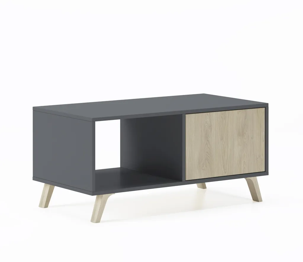 Table de salon design WIND bicolore chêne et anthracite avec rangement