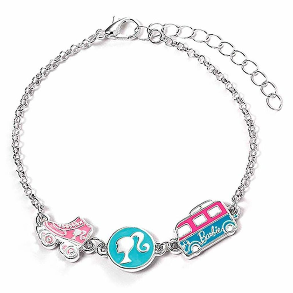 Armband mit drei lustigen emaillierten Schlittschuh-, Silhouetten- und Barbie-Camper-Van-Perlen 17 cm