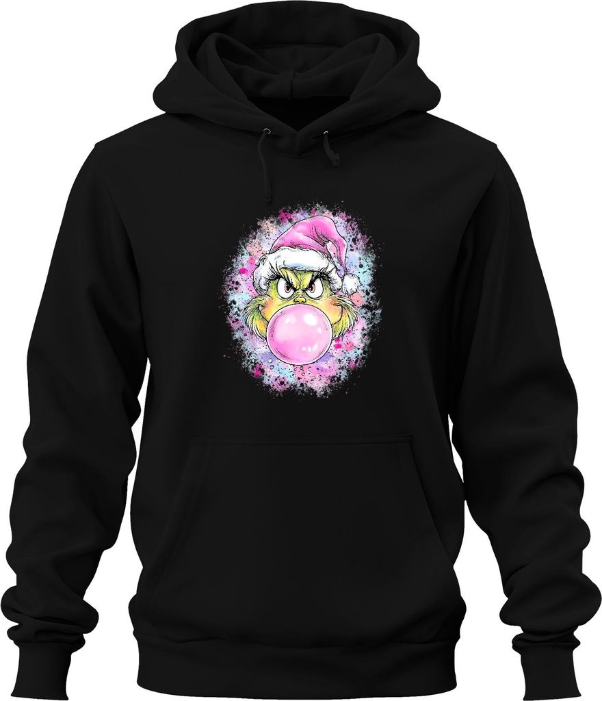 Grinch rosa Kaugummiblase Weihnachten frech Geschenk Popart Uni Hoodie Kapuzenpullover, Schwarz, L