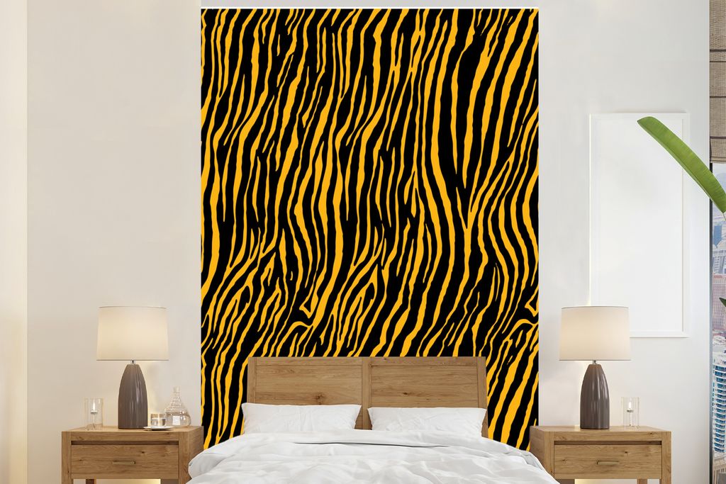 MuchoWow Fototapete für Wohnzimmer oder Schlafzimmer Wandtapete Vinyl Motivtapete Orange - Tiermuster - Tiger - 225x350 cm - Schlafzimmer tapete