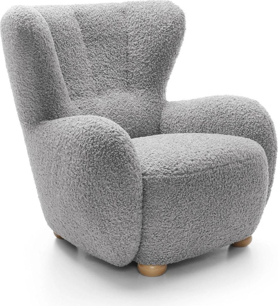 Ohrensessel FILO Rolf 06 Grau Bouclé Teddy Sessel Relaxsessel Fernsehsessel Holzfüße Natur