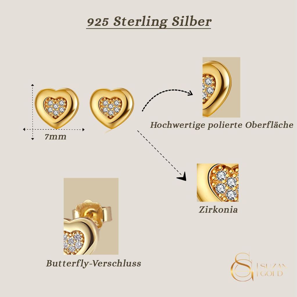 Suzan Gold Vergoldete 925 Silber Herz Ohrstecker für Damen mit Zirkonia | Goldfarbene, feminine Ohrringe Heartglow mit glänzender Oberfläche |...