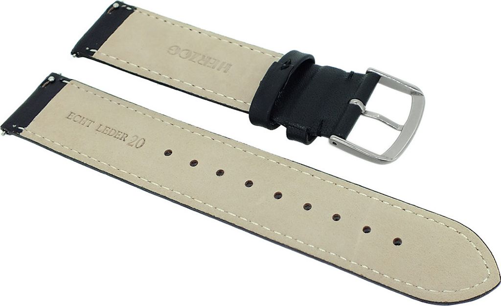 Herzog Beach Uhrenarmband easy click glattes Leder schwarz > Ziernaht, Stegbreite:20mm, Schließe:Silbern