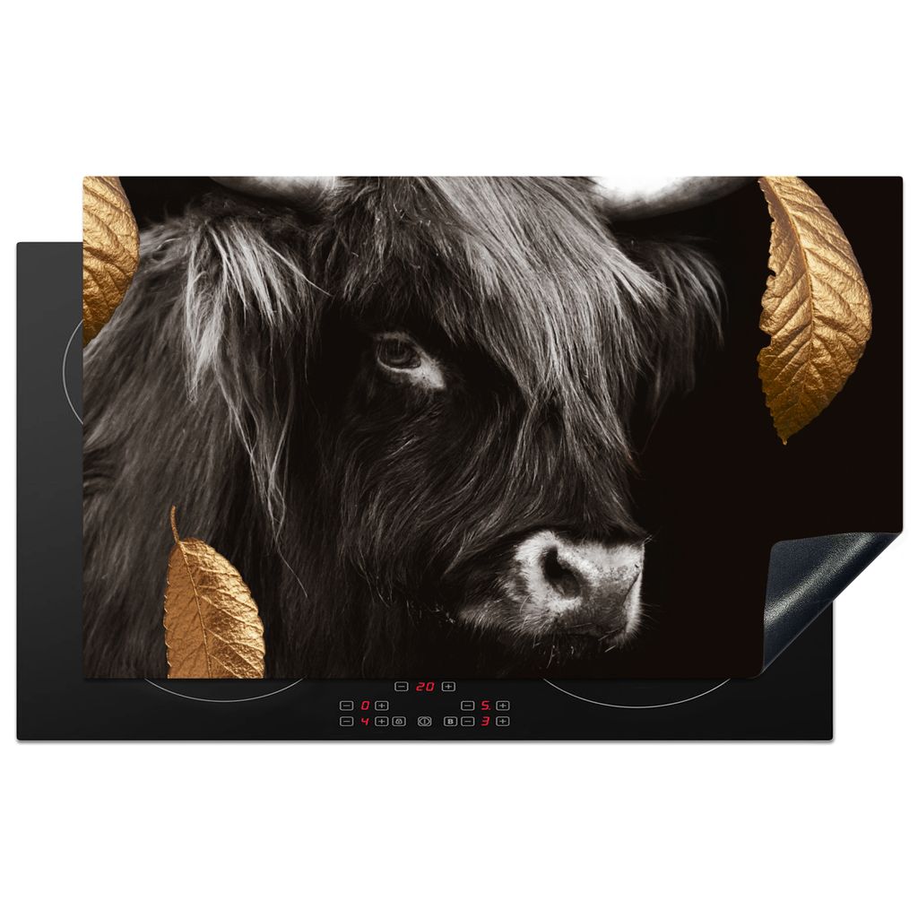 KitchenYeah Herdabdeckplatte Schottischer Highlander - Gold - Blätter , 85x52cm, Küche Deko, Glaskeramikkochfeld Herdabdeckung, Abdeckplatte f...