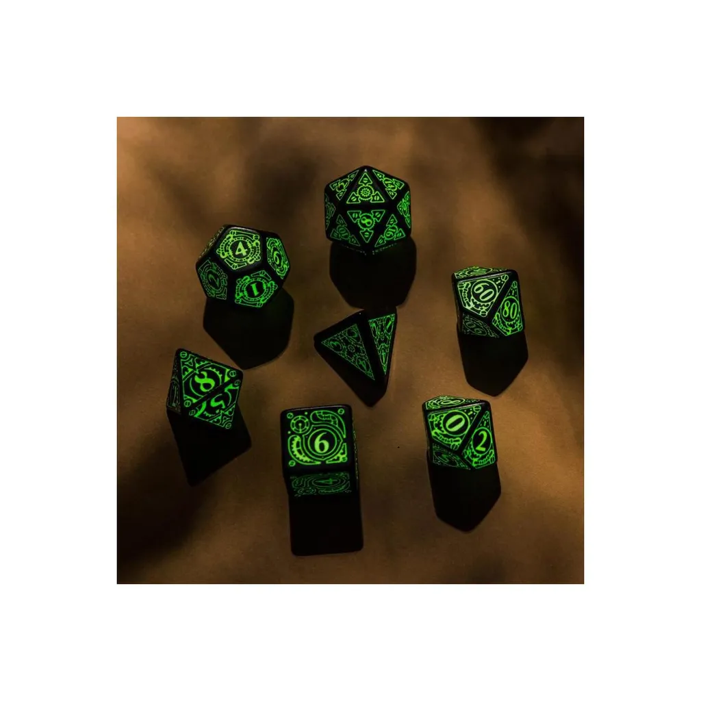 Set de 7 Dés Polyédriques Steampunk Noirs Phosphorescents pour JDR et JDP - 6
