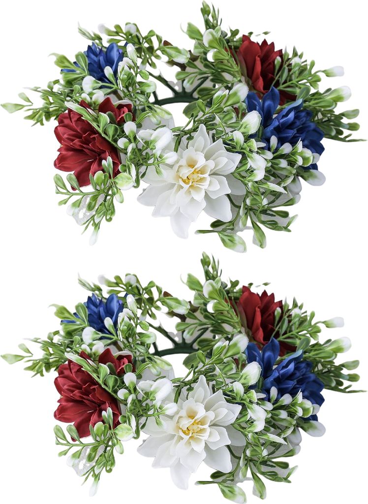 2 Stück Patriotischer künstlicher Kranz, Kerzenring, Unabhängigkeitstag, Säulenkerzenhalter, rot, weiß, blau, Blumengirlande, 4. Juli, Tafelau...