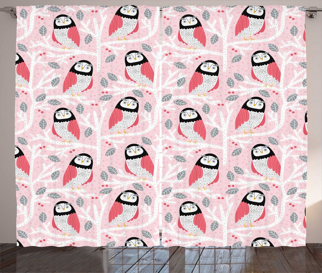ABAKUHAUS Tier Rustikaler Vorhang, Cartoon Eulen Baum-Zweig, Wohnzimmer Universalband Gardinen mit Schlaufen und Haken, 280 x 225 cm, Rose Multicolor