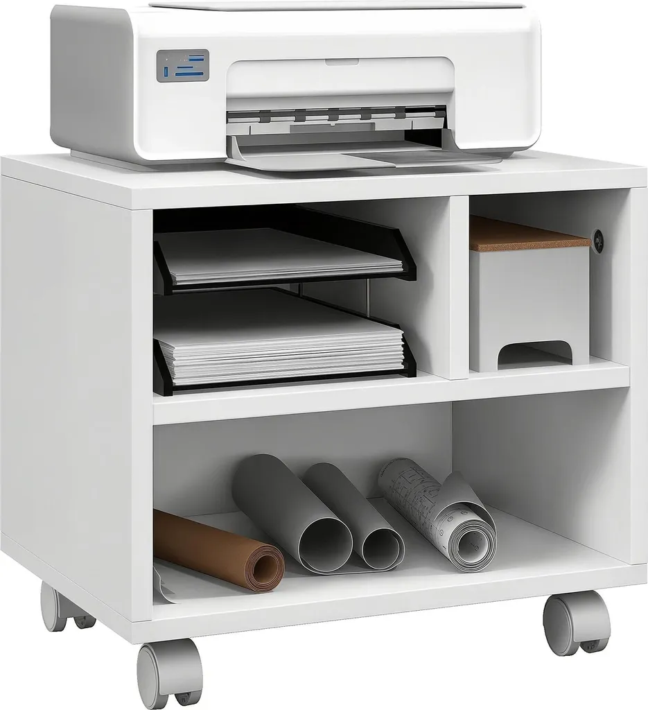 Meuble support imprimante mobile avec étagères de rangement blanc