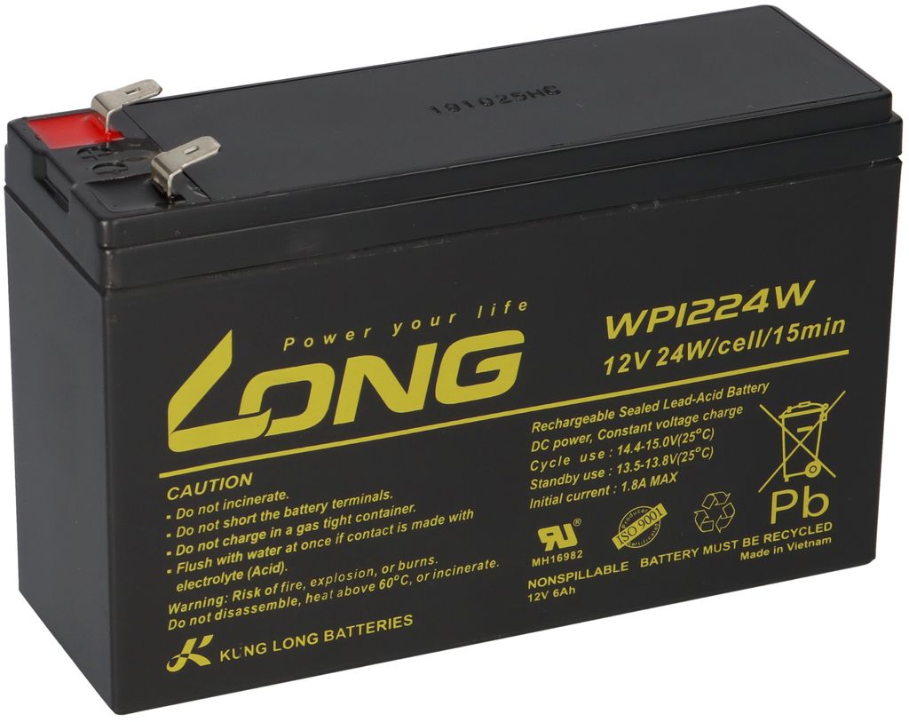 A black rechargeable sealed lead-acid battery with yellow branding and text.