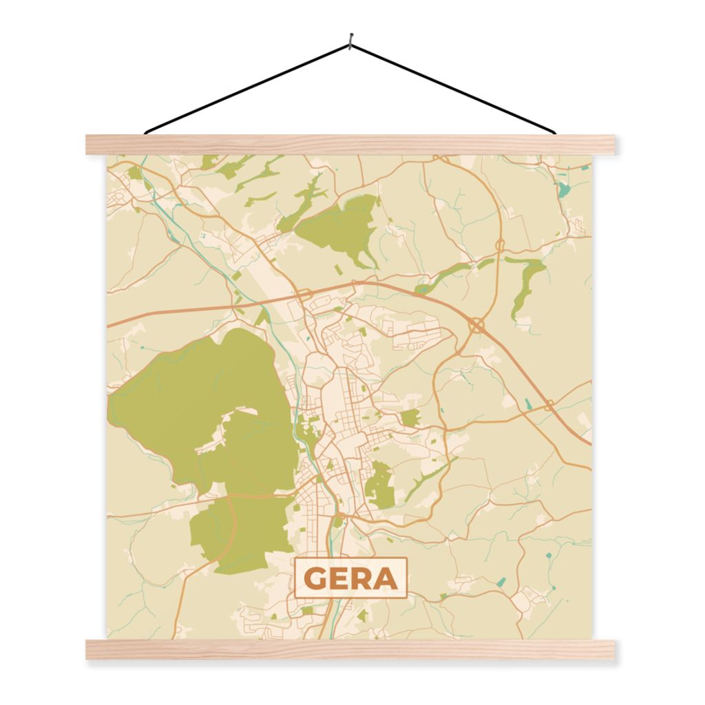 MuchoWow Textilposter Karte - Stadtplan von Gera - Vintage - Stadtplan 120x120 cm mit holzfarbenen Rahmen - Textil-Poster