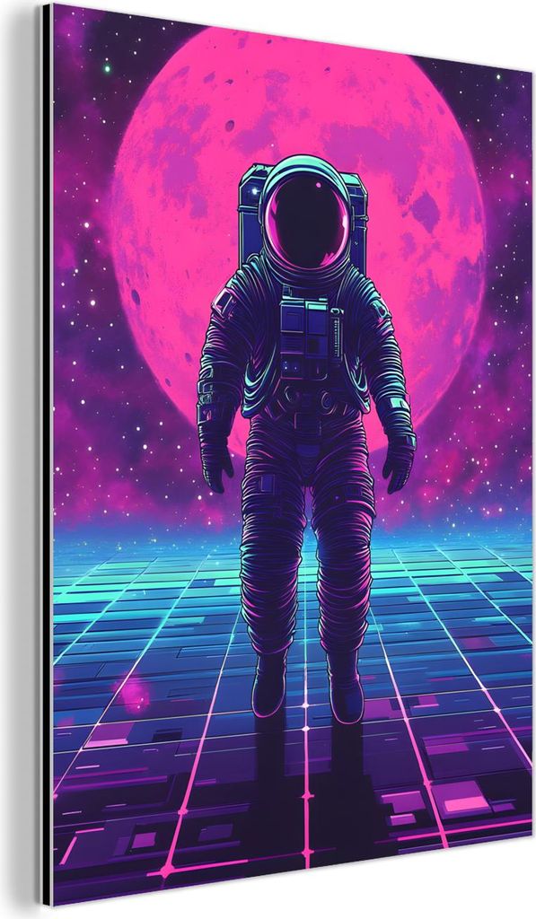 MuchoWow Wanddekoration Metall Metallbild Wandkunst 60x80 cm Astronaut - Mond - Rosa - Sternennebel MuchoWow Aluminium Gemälde - Wanddekoration Me...