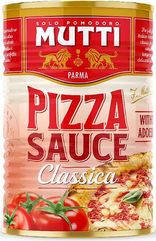 A can of Mutti Pizza Sauce Classica with an image of pizza and tomatoes on the label.