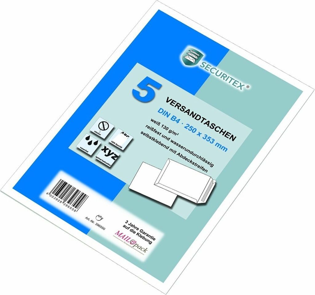 Versandtaschen Securitex B4 130g/qm haftklebend weiß VE=20x5 Stück