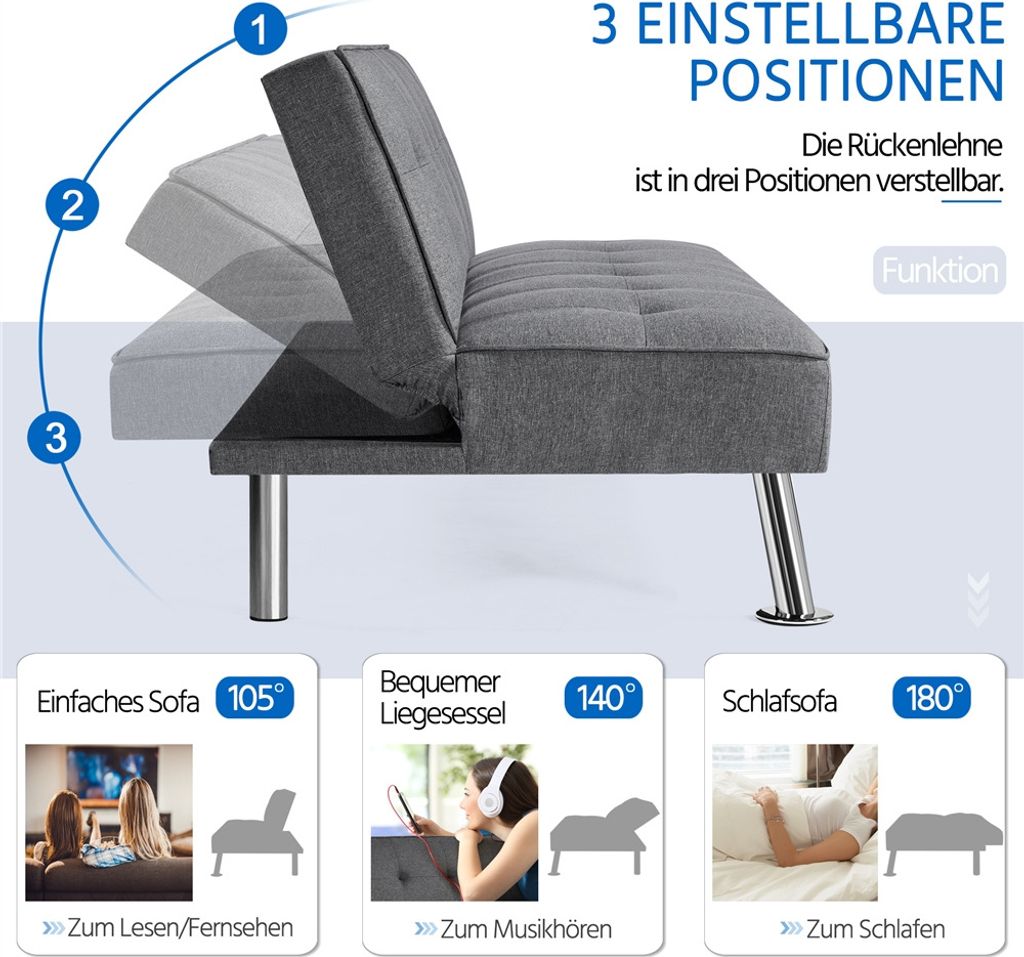 Yaheetech 3-Sitzer Schlafsofa Sofabett mit 166 × 92 cm Produktbild 8