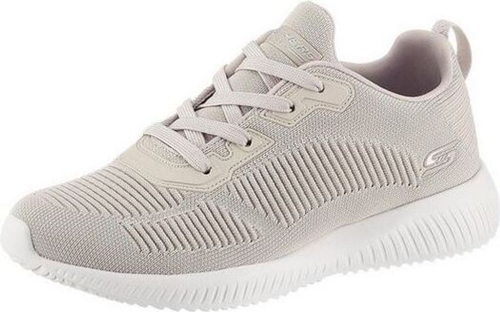 A single beige Skechers sneaker is shown against a white background.