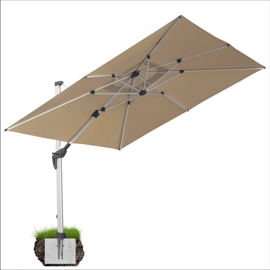 A rectangular cantilever umbrella is shown against a white background, anchored in a square of grass and soil.
