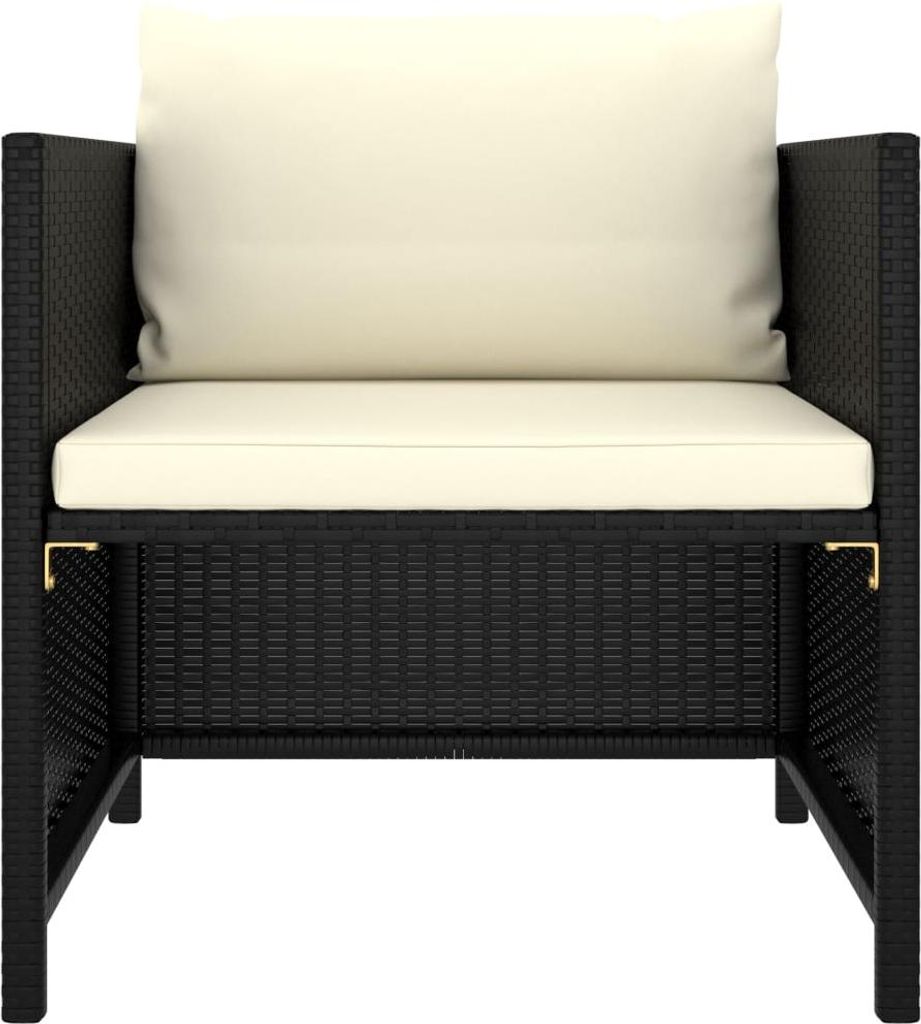 A black poly rattan sofa with cream cushions, shown from the front on a white background.