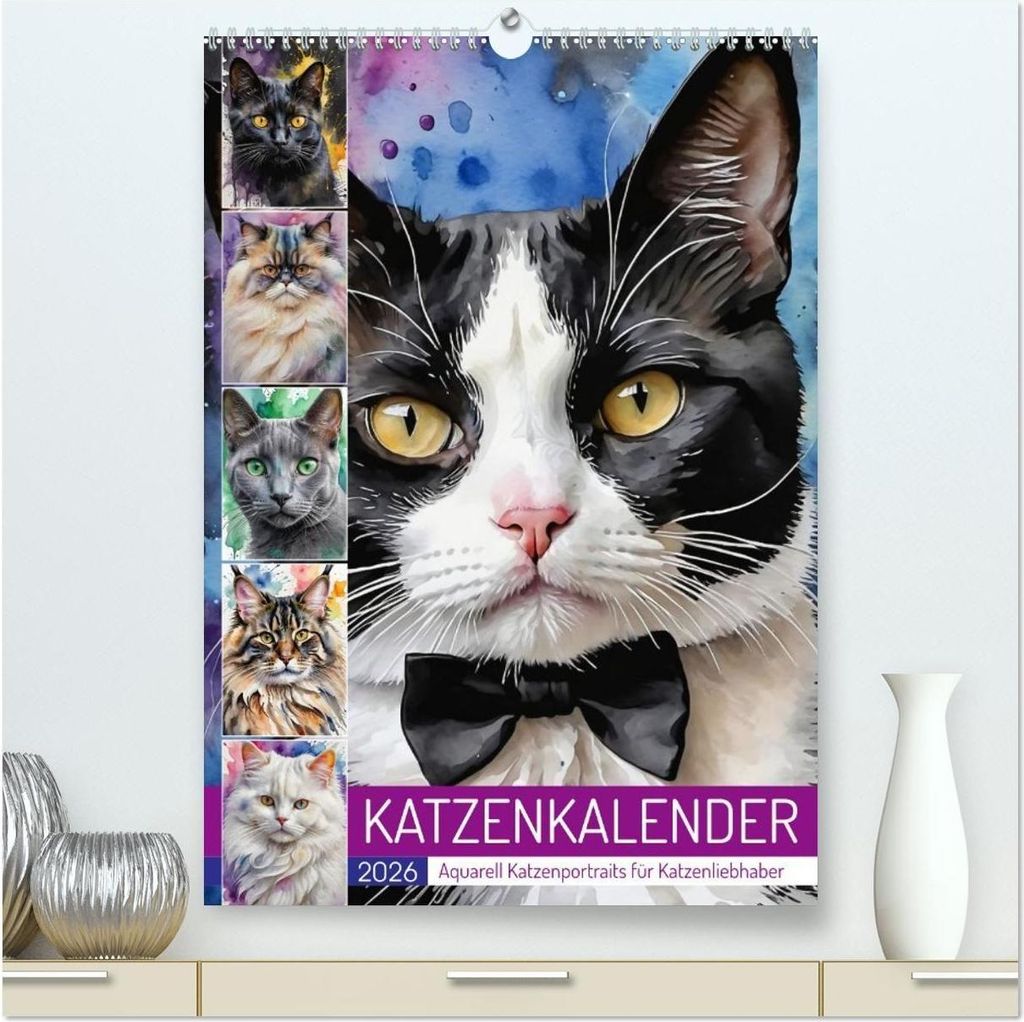 KATZENKALENDER - Aquarell Katzenportraits für Katzenliebhaber (hochwertiger Premium Wandkalender 2026 DIN A2 hoch), Kunstdruck in Hochglanz