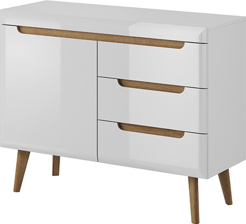 Kommode NORDI NKSZ107 Sideboard mit Schubladen Schrank Weiß / Weiß Hochglanz / Eiche Riviera
