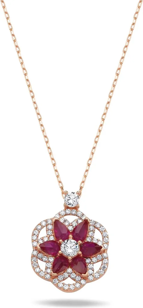 Bijou femme : collier fleur de lotus en argent et oxydes de zirconium rouges