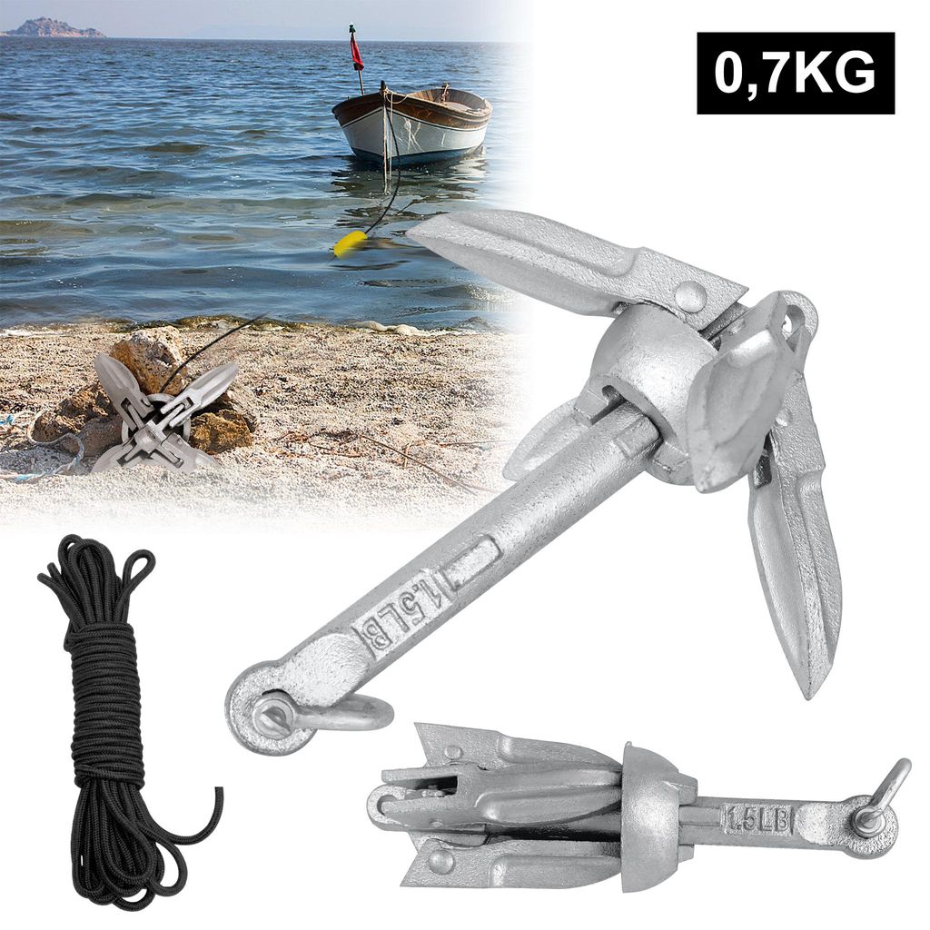 XINZI Faltbare Bootsanker Faltanker Klappanker aus Verzinkter Stahl 0,7KG Faltklappanker Boot Anker Ankerset mit 10M Ankerschleppseil für Boot