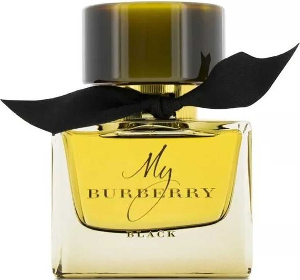 A close-up studio shot of a Burberry My Burberry Black perfume bottle.
