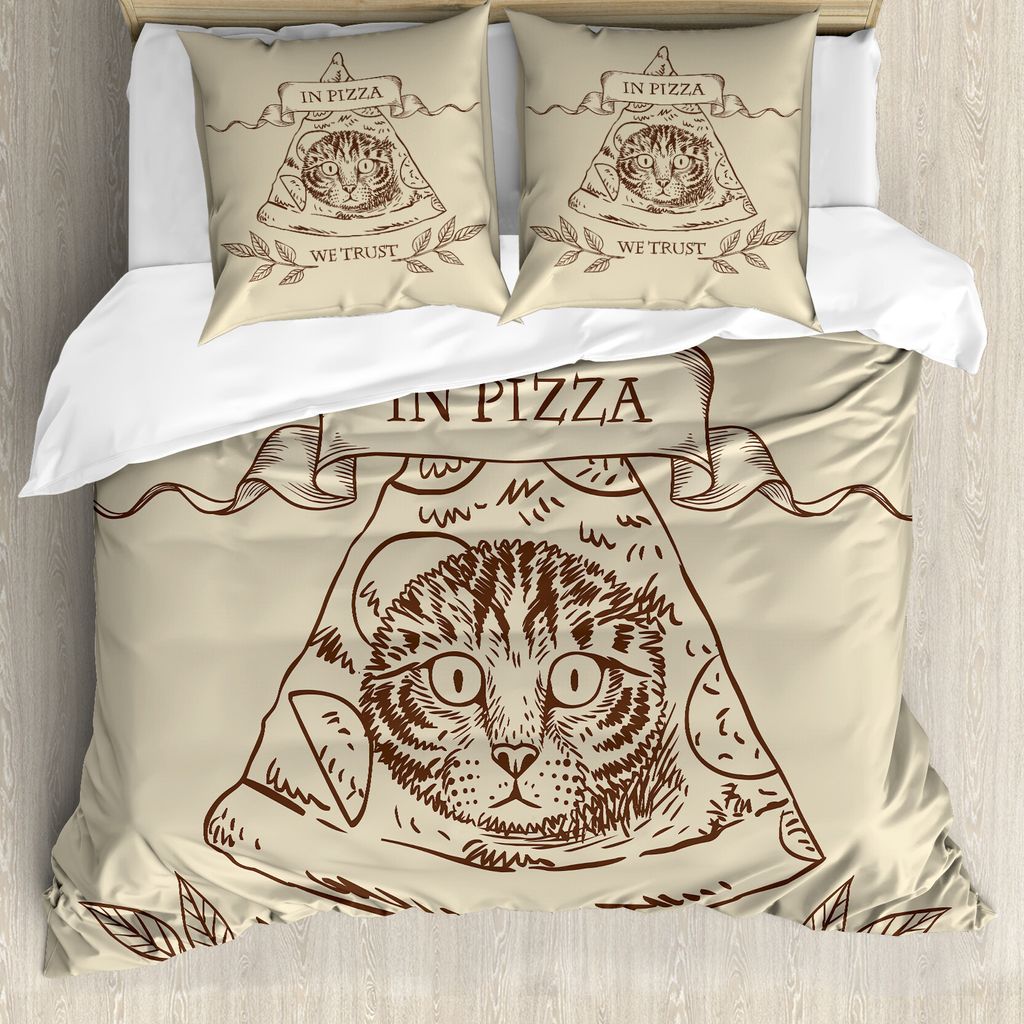 ABAKUHAUS Humorvoll Bettbezug Set für Einzelbetten, Katzen-Gesicht in Pizza We Trust, Milbensicher Allergiker geeignet mit Kissenbezug, 200 cm x 2...