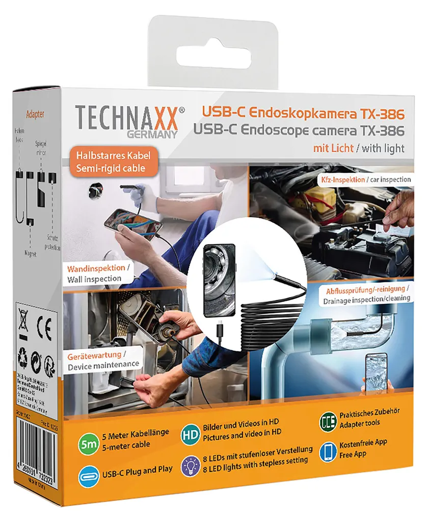 Caméra endoscopique Technaxx TX-386 USB-C avec éclairage LED - 500 cm - 6