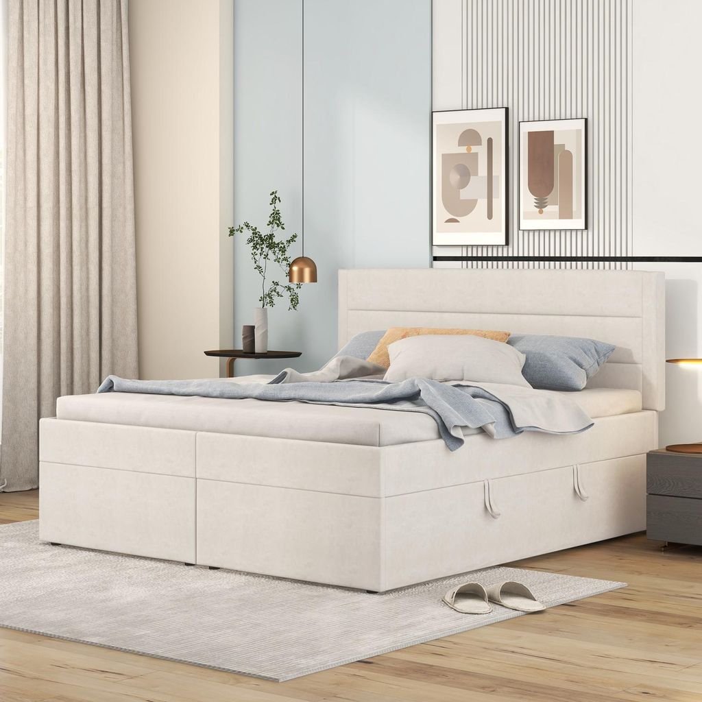 Bett mit Stauraum 140 x 200 cm – Doppelbett mit Lattenrost und Kopfteil – beidseitig zu öffnender Leinenbezug – Beige