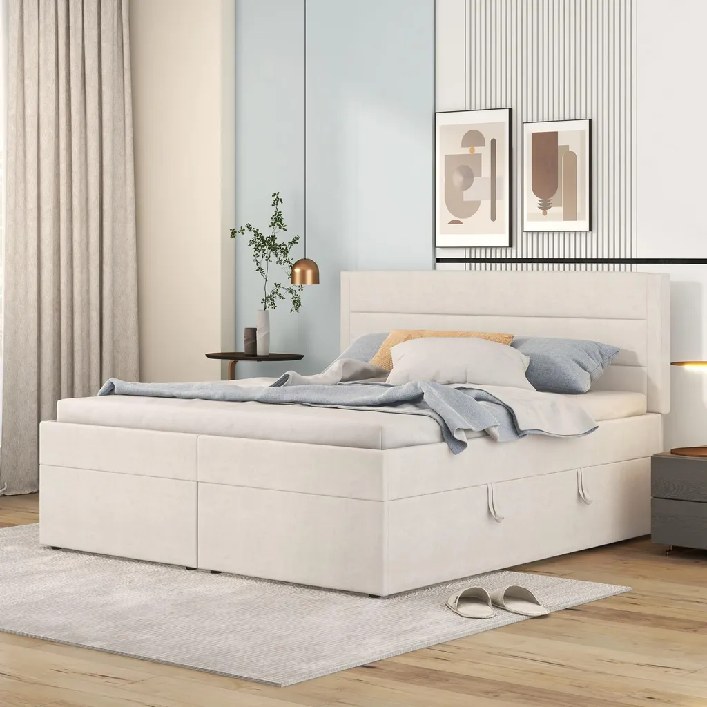 Lit coffre 140x200 cm beige : gain de place maximal pour chambre adulte