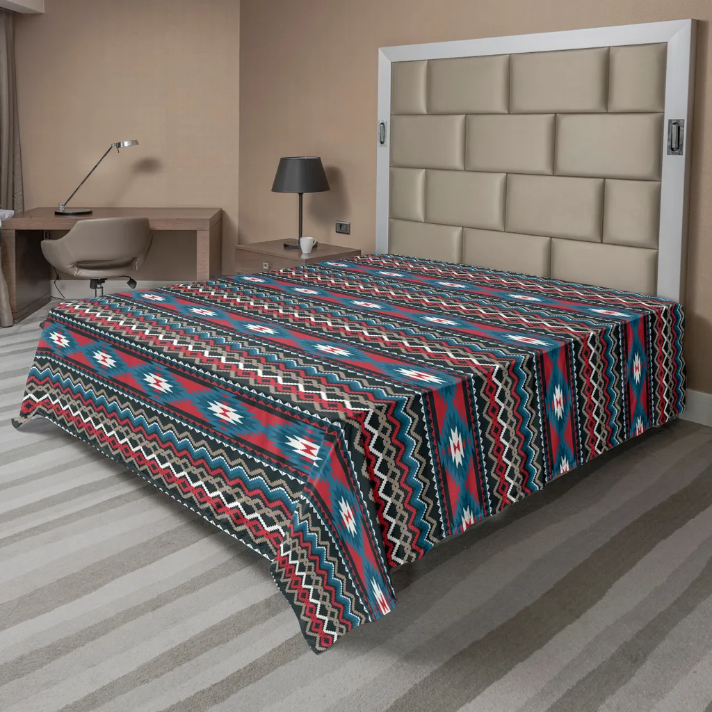 ABAKUHAUS Lenzuolo antico, stile antico azteco con motivi folcloristici a strisce Maya, lenzuolo morbido e confortevole per un letto decorativo 1 pezzo 244 cm x 205 cm, nero, rosso corallo, blu