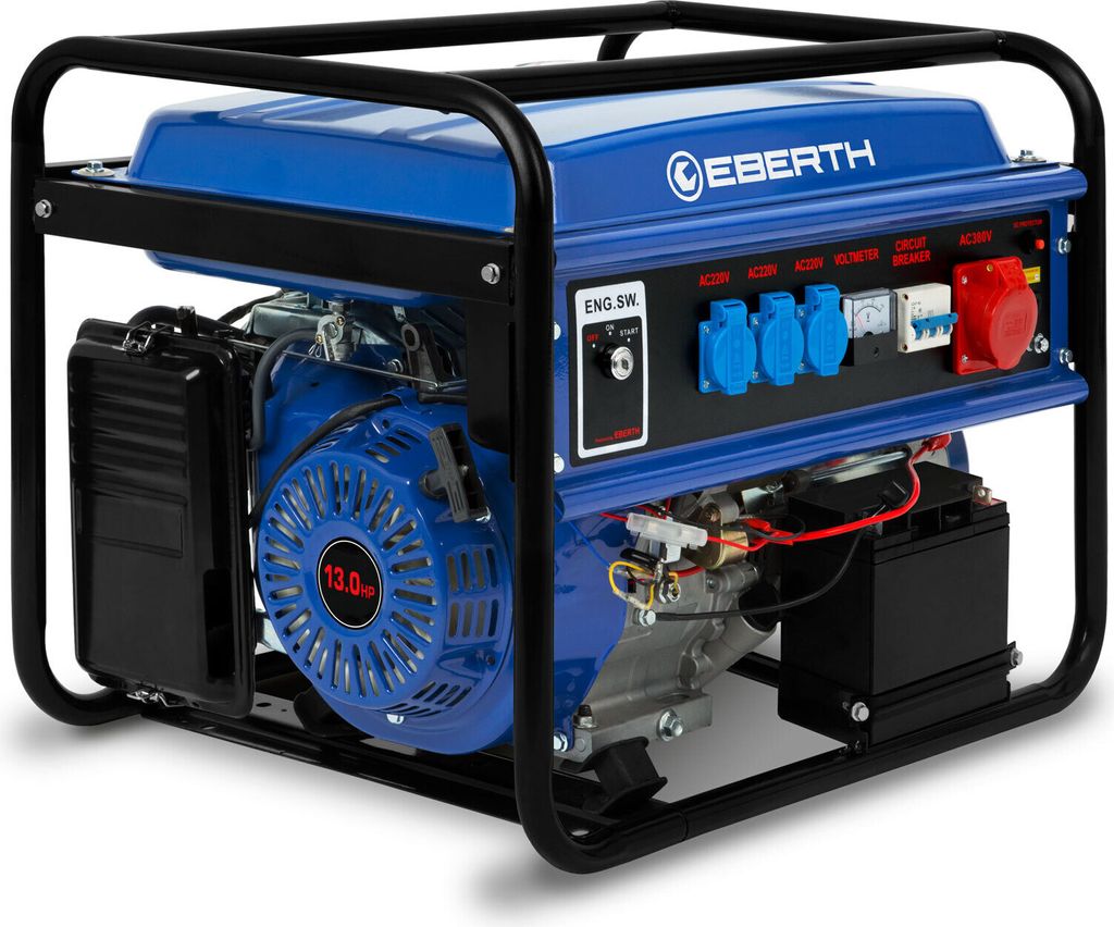 EBERTH 5500 Watt Notstromaggregat Stromerzeuger Stromaggregat mit E-Start, 13 PS Benzinmotor, 4-Takt, 3-Phasen, 1x 400V, 3x 230V, 1x 12V, AVR