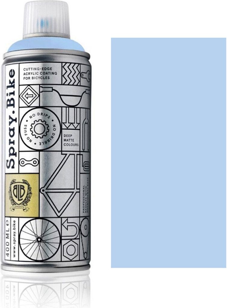 A spray can of light blue paint next to a swatch of the same color.