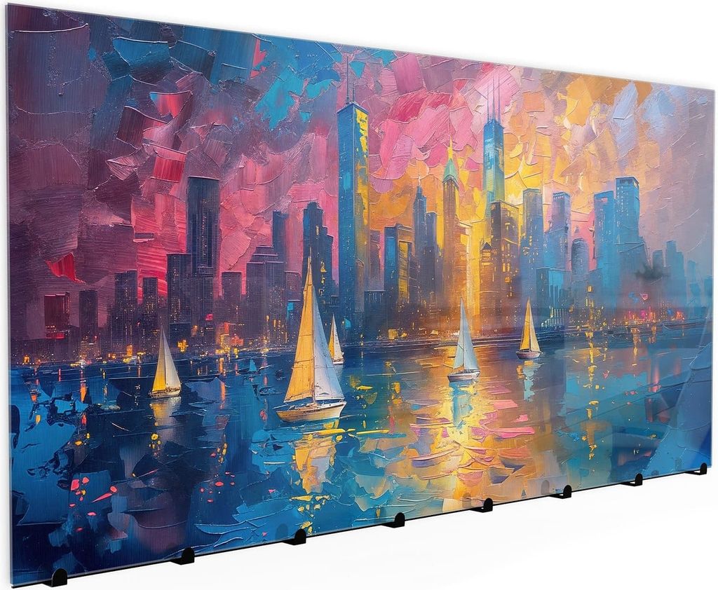 Wandgarderobe mit Magnetwand & Memoboard aus Glas Hafenstadt Bei Nacht