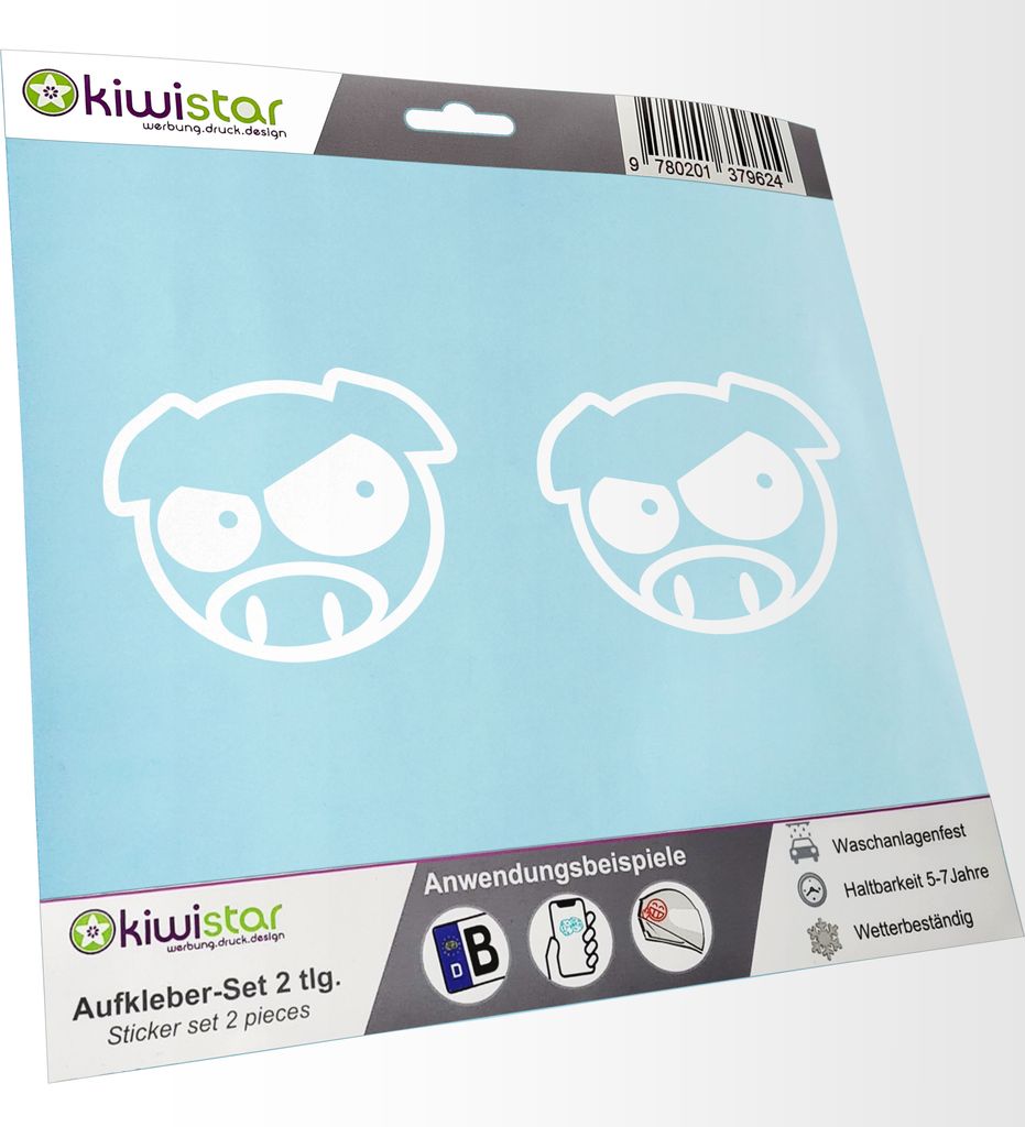 Kiwistar - 2x Kennzeichenaufkleber - weiß - 21 mm Wütendes Schwein - Angry Pig - Autoaufkleber - Aufkleber für Auto, Laptop, Fahrrad, LKW, Motor...